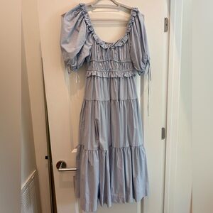 En Saison blue midi cotton poplin puff sleeve dress